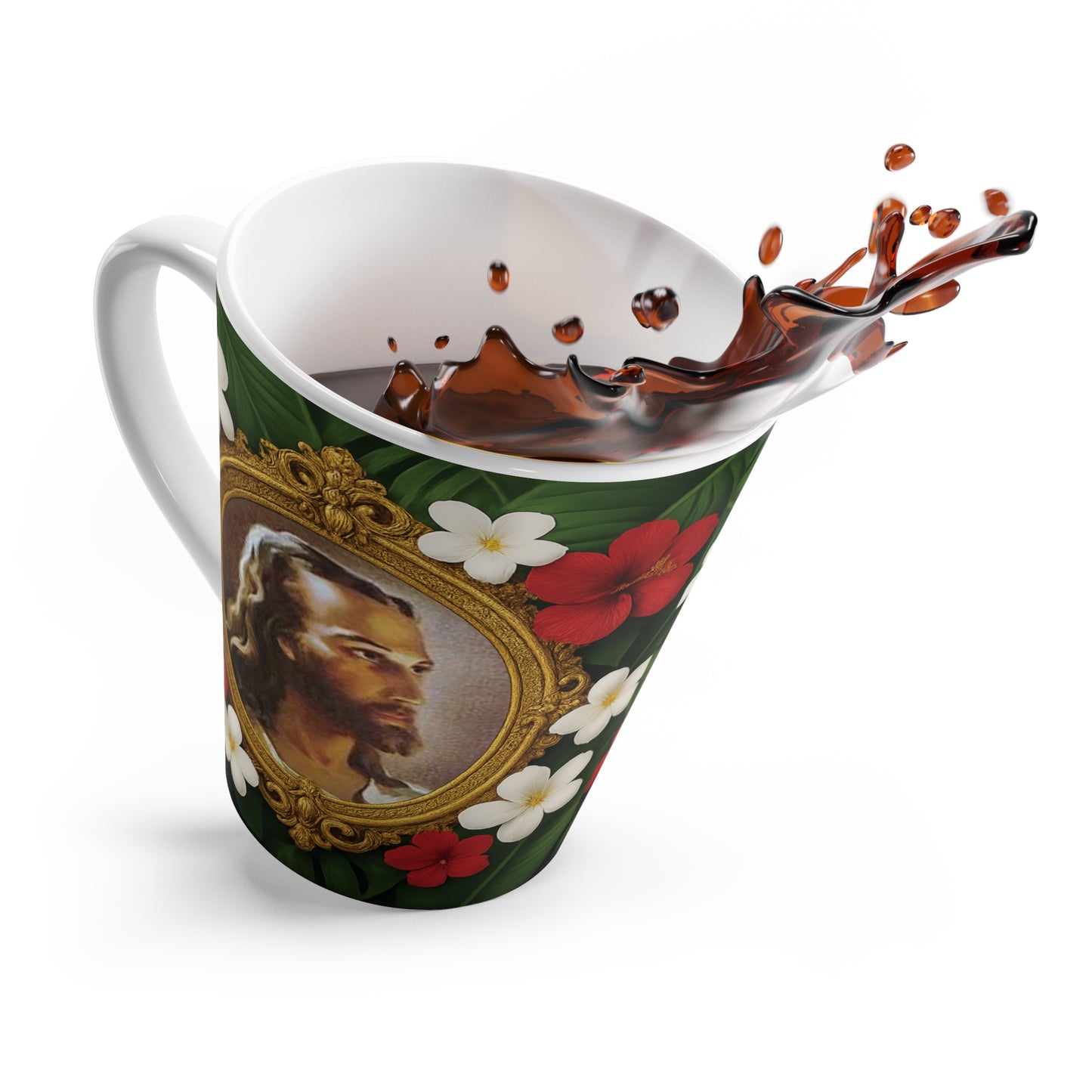 Religious Latte White Mug - "Head of Christ" Jesus Portrait/Red Flowers