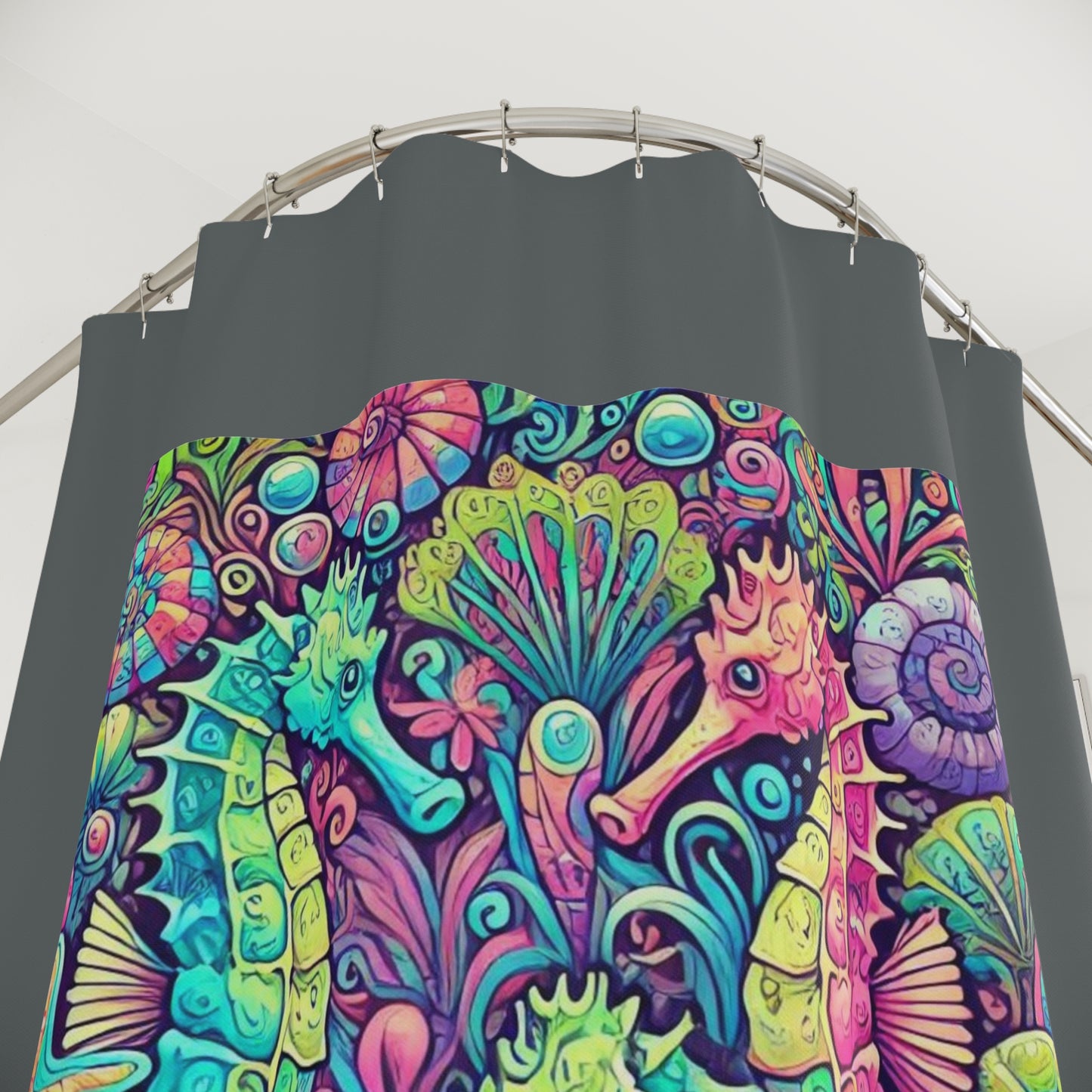 Tropical Shower Curtain - Ocean Bathroom Decor / Seahorse Trio/Dark Grey