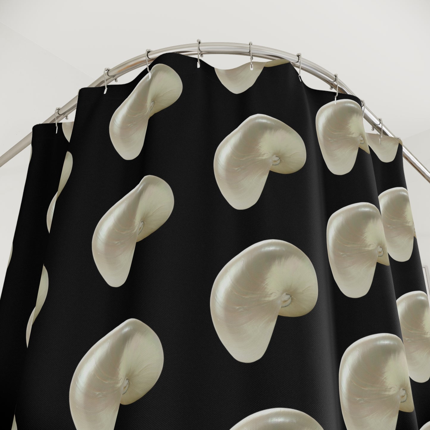 Tropical Shower Curtain - Ocean Bathroom Decor / White Nautilus Shell/Black