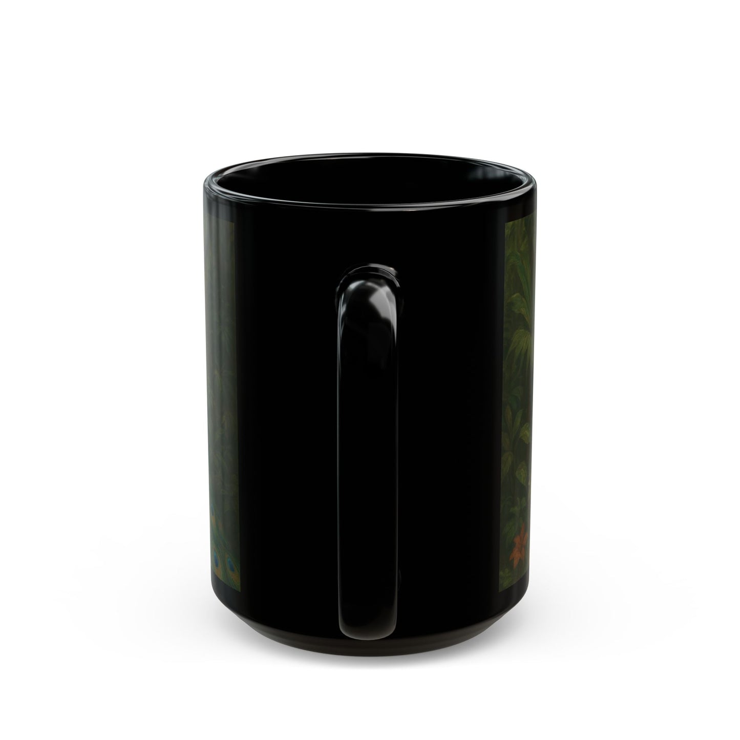 Black Coffee Mug - Puppy Ariel and Peacock