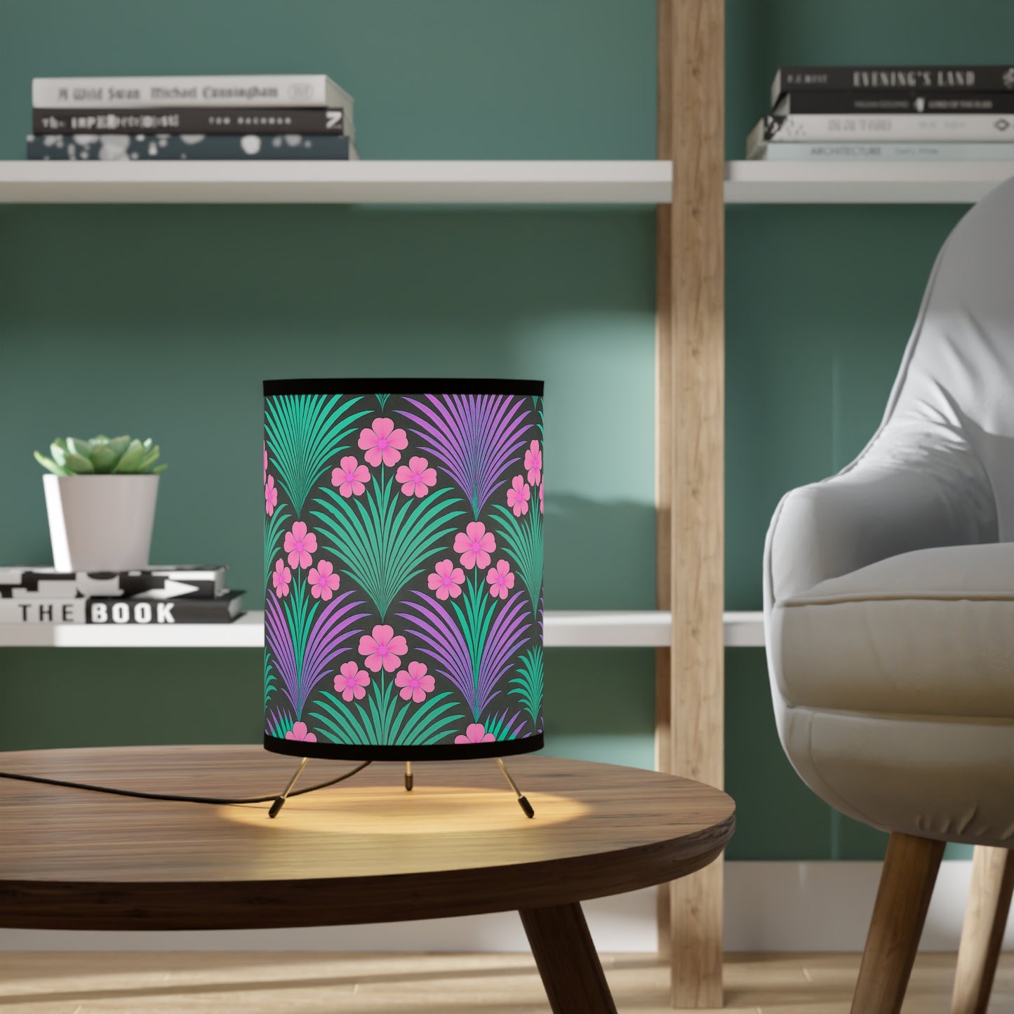 Tripod Lamp with High-Res Printed Shade, US\CA plug / Midnight Hibiscus Deco, Pink