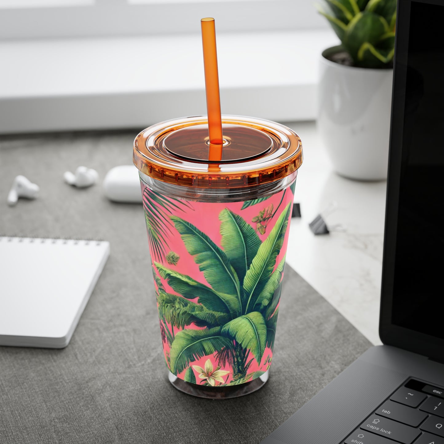 Tropical Tumbler with Straw | 16oz Colorful Travel Cup / More Tropical Fruit, Coral