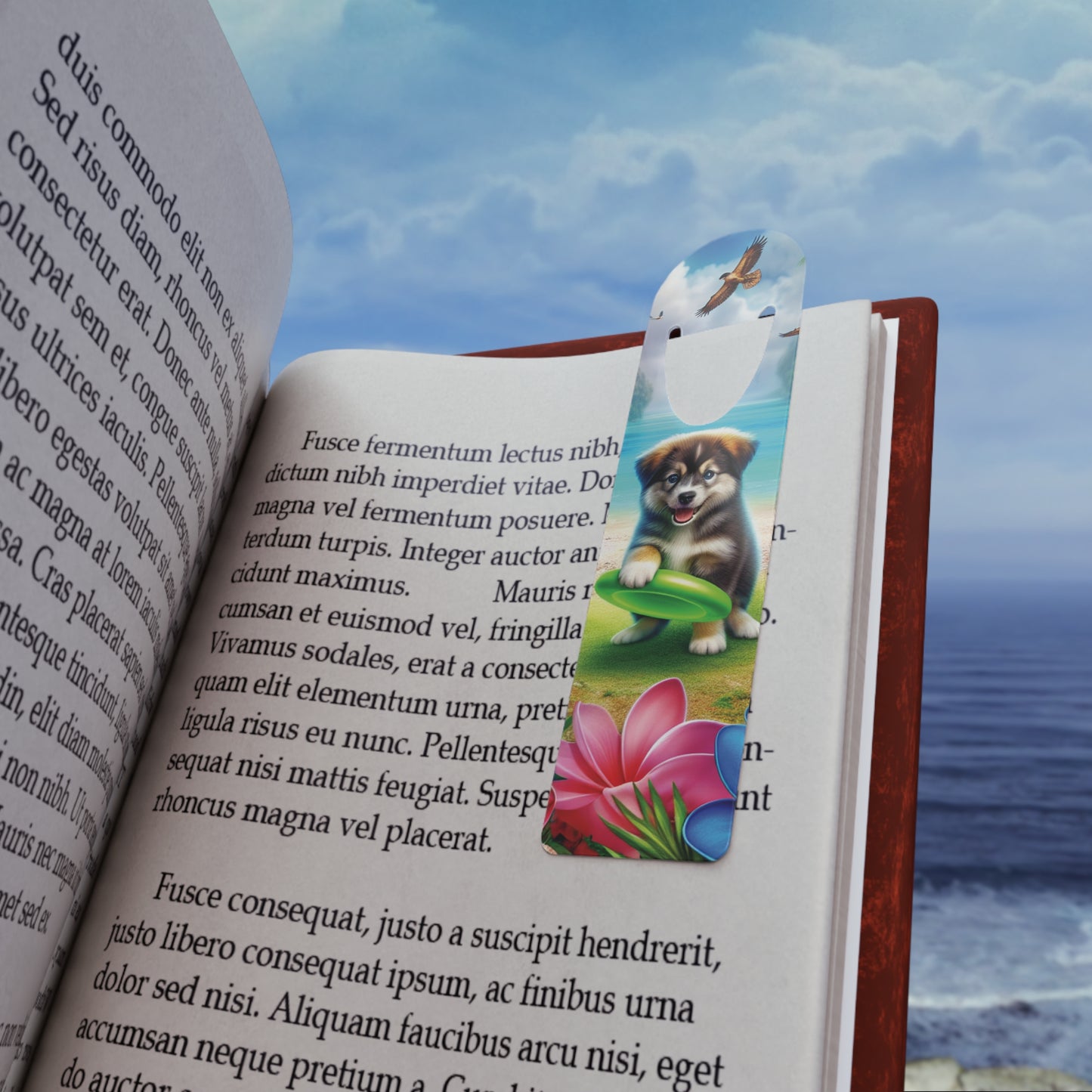Bookmark - Aluminum, Puppy on Beach With Green Frisbee