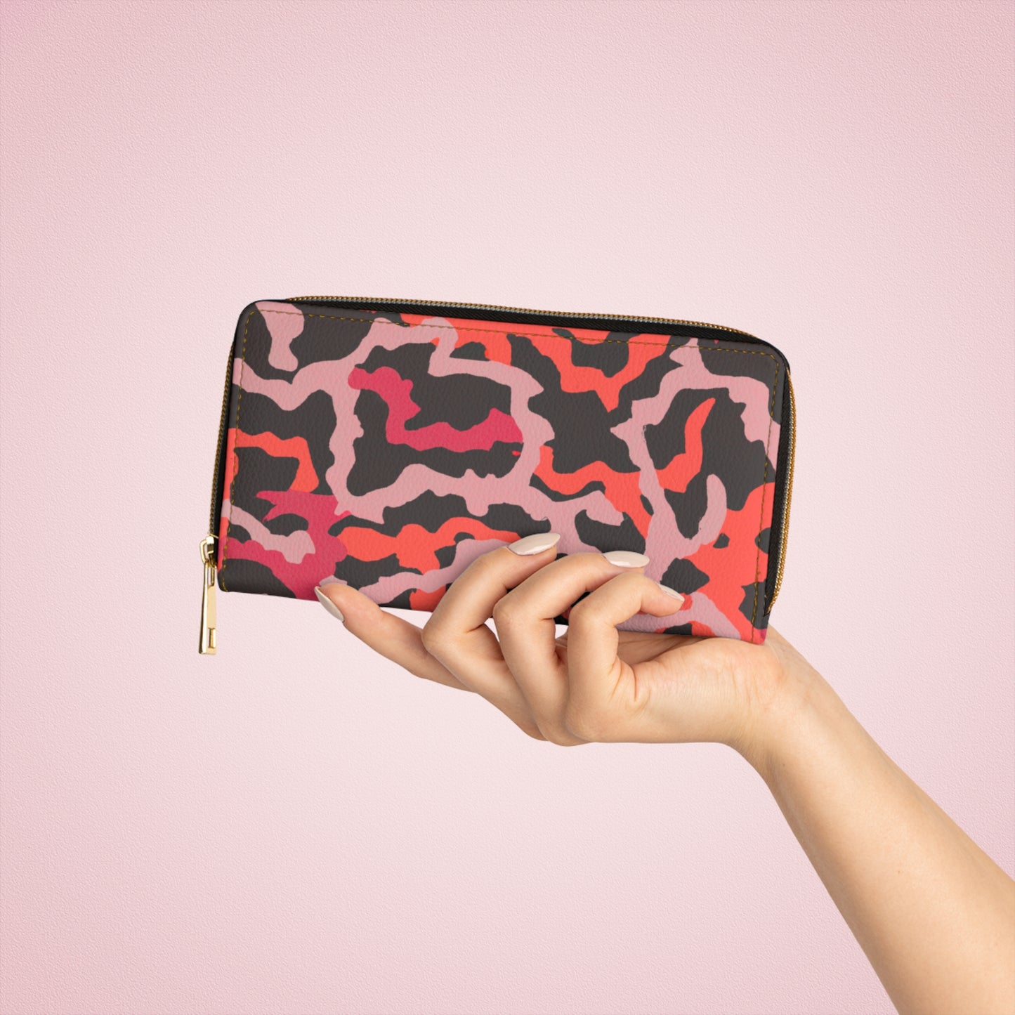 Tropical Zipper Wallet, Faux Leather / Vibrant Clutch / Coral Threads, Red