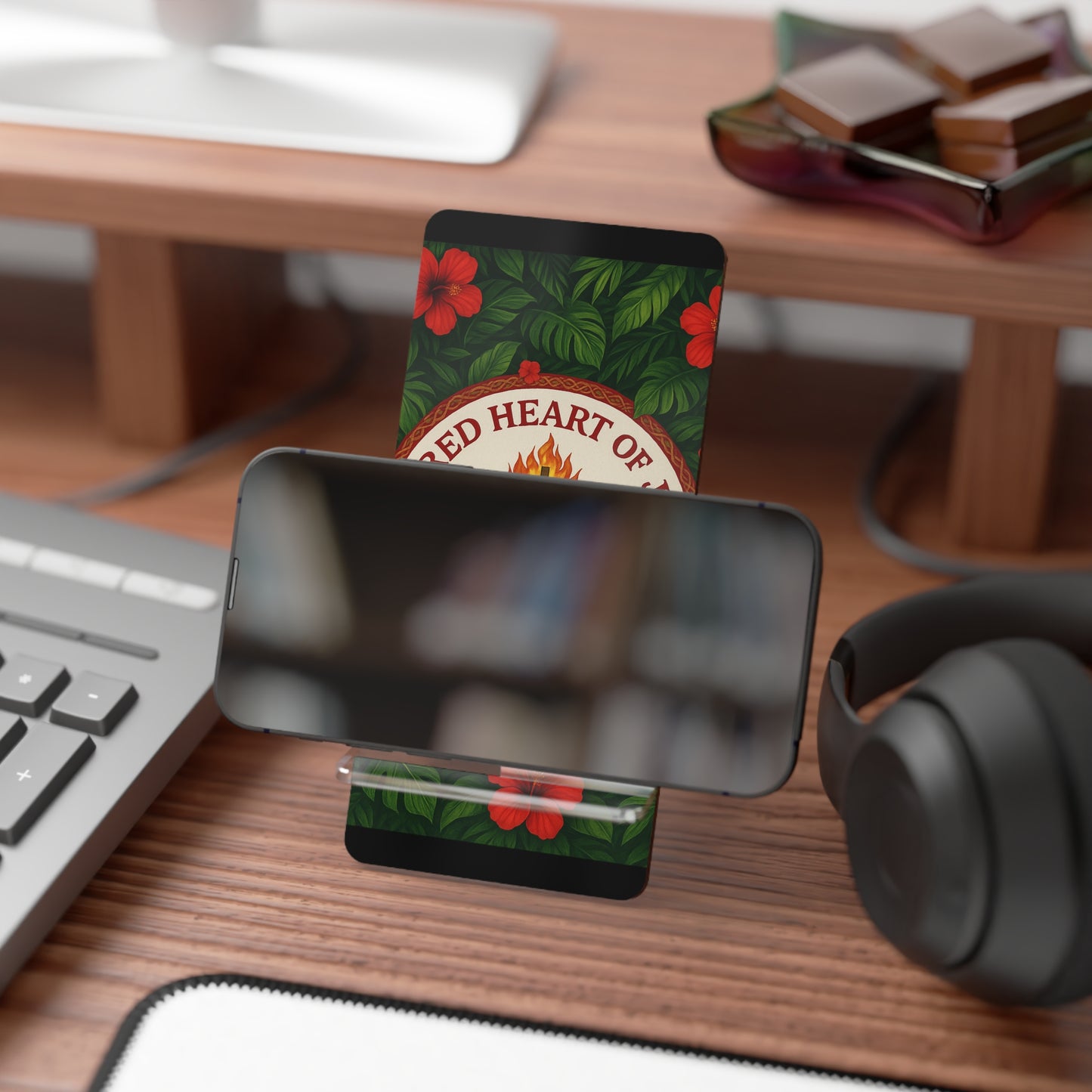 Religious Smartphone Display Stand with Sacred Heart of Jesus Prayer, Black