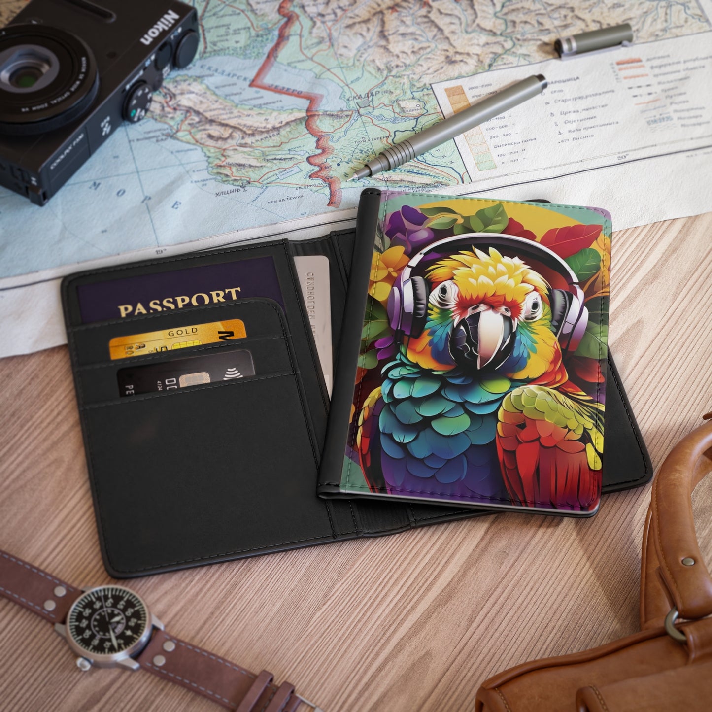 Tropical Passport Cover, Faux Leather - RFID blocking for travel security / Rockin' Out Parrot