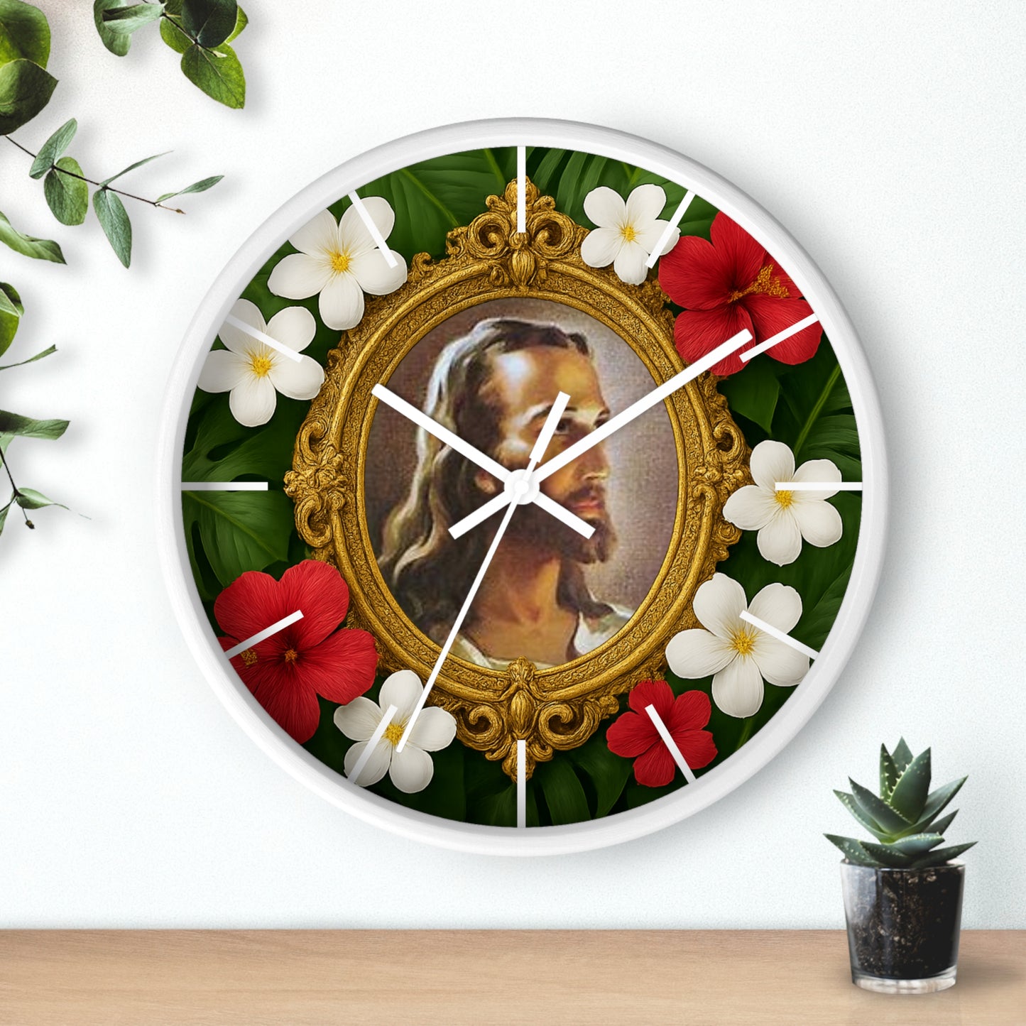 Religious Wall Clock, 3 Frame Options – Head of Christ/Jesus Portrait, Red Flowers