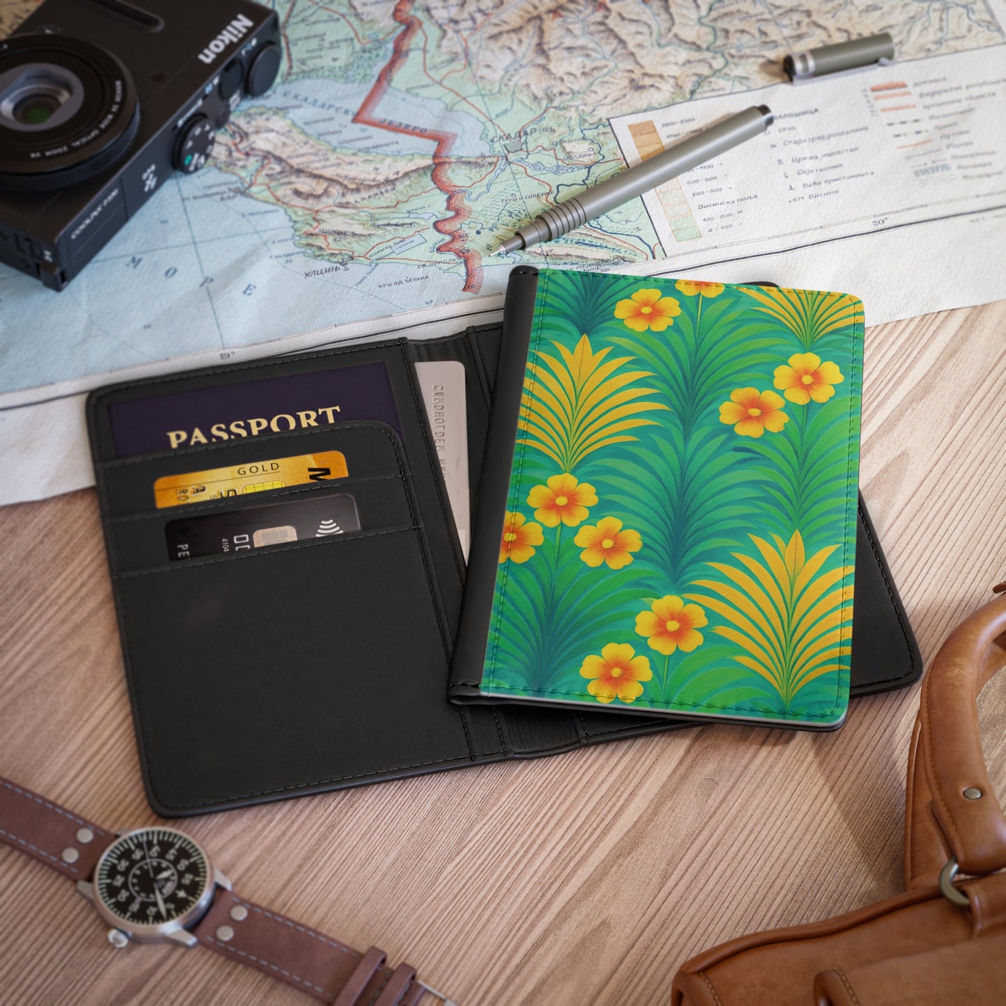 Tropical Passport Cover, Faux Leather - RFID blocking for travel security / Sunrise Palms, Green