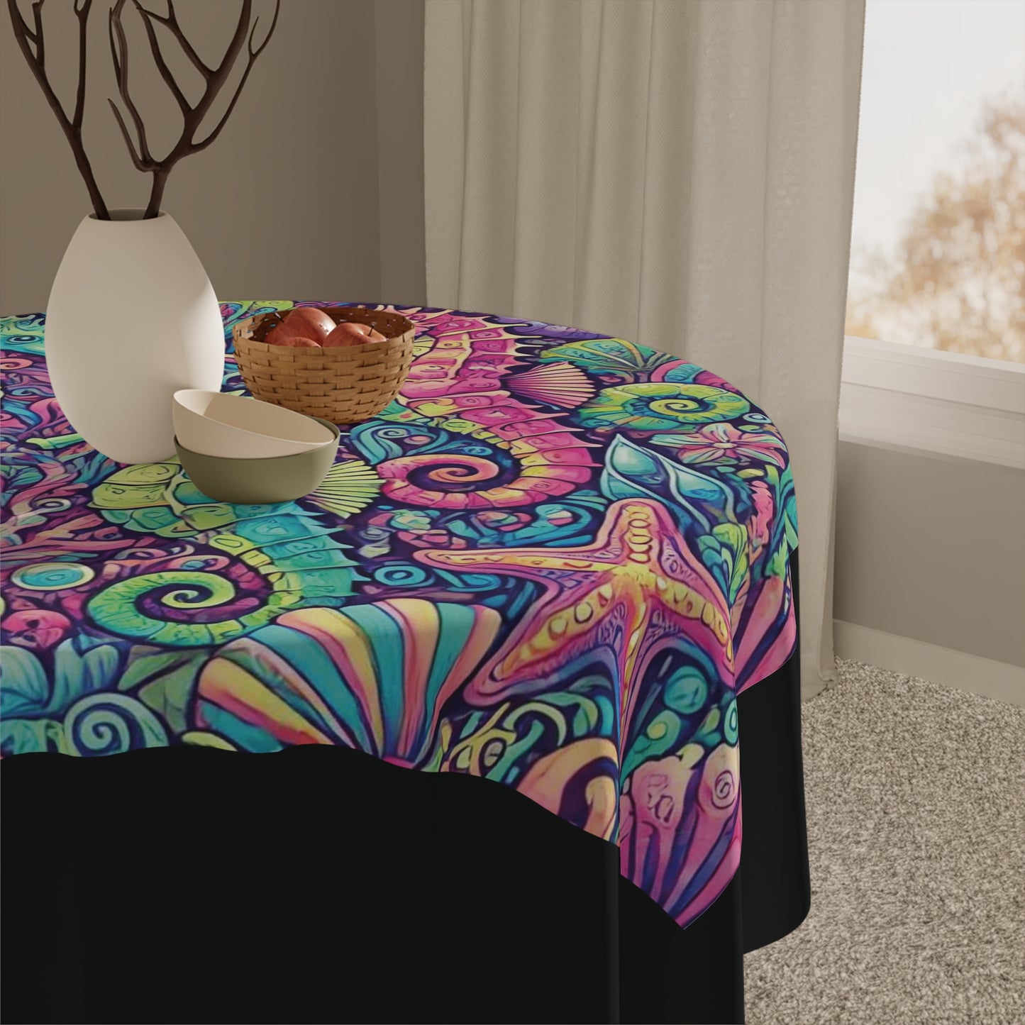 Seahorse Trio/Black ~ Square Tablecloth, 55" x 55"