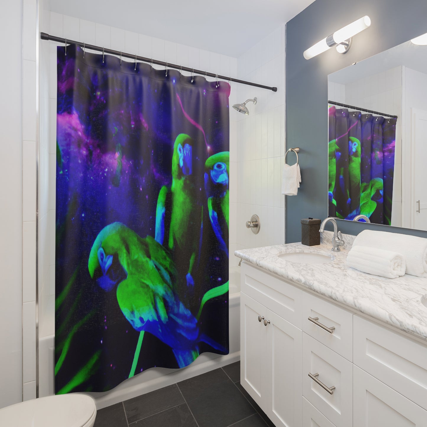 Tropical Shower Curtain - Rainforest Bathroom Decor / Galactic Parrot