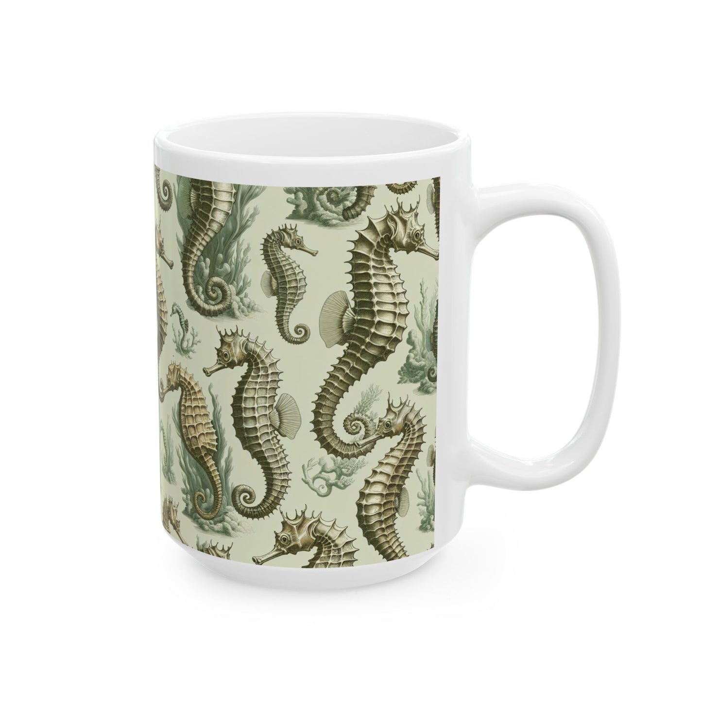 Ceramic White Mug - 11oz & 15oz, Green Toile Seahorses