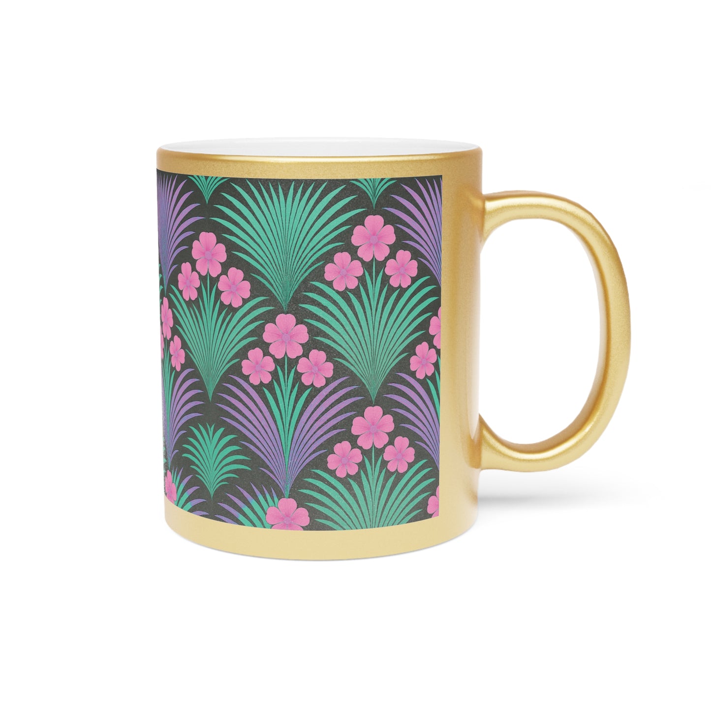 Tropical Metallic Mug, Gold or Silver - Midnight Hibiscus Deco/Pink