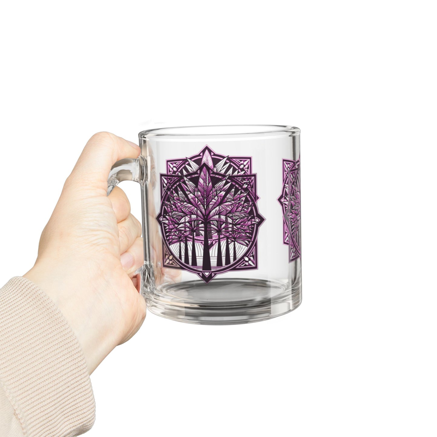 Tropical Glass Mug - 10oz Coffee Cup / Deco Palms, Pink