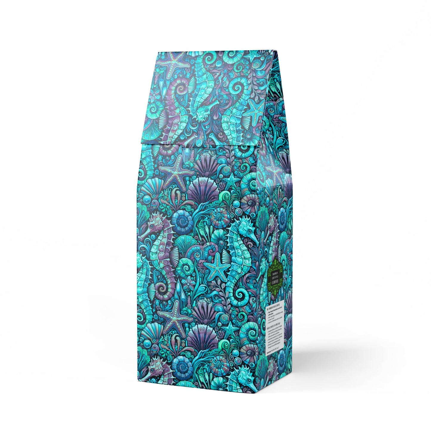 Black Coral Blend™ (Dark French Roast) Specialty Grade Craft Coffee / Seahorse Trio, Turquoise Pop