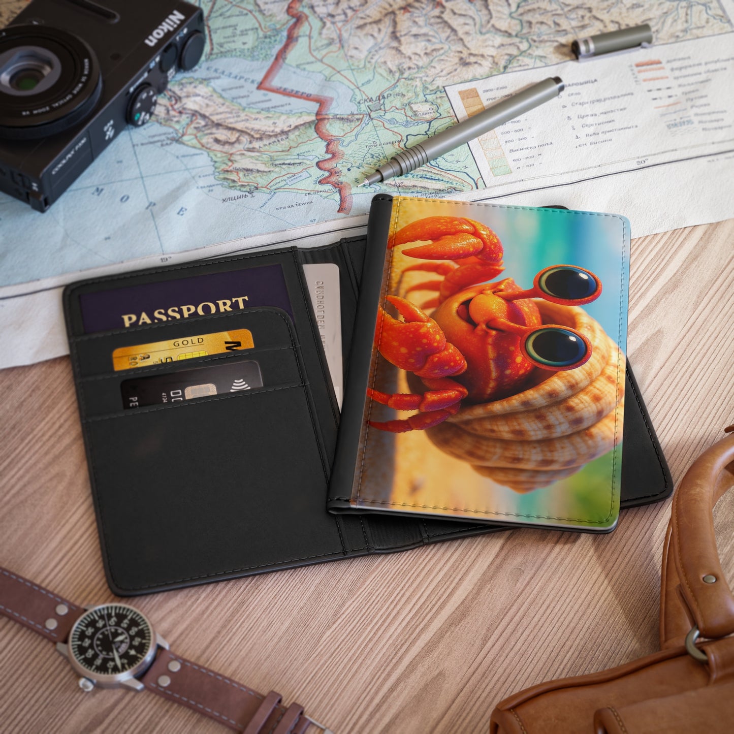 Tropical Passport Cover, Faux Leather - RFID blocking for travel security / Baby Hermit Crab