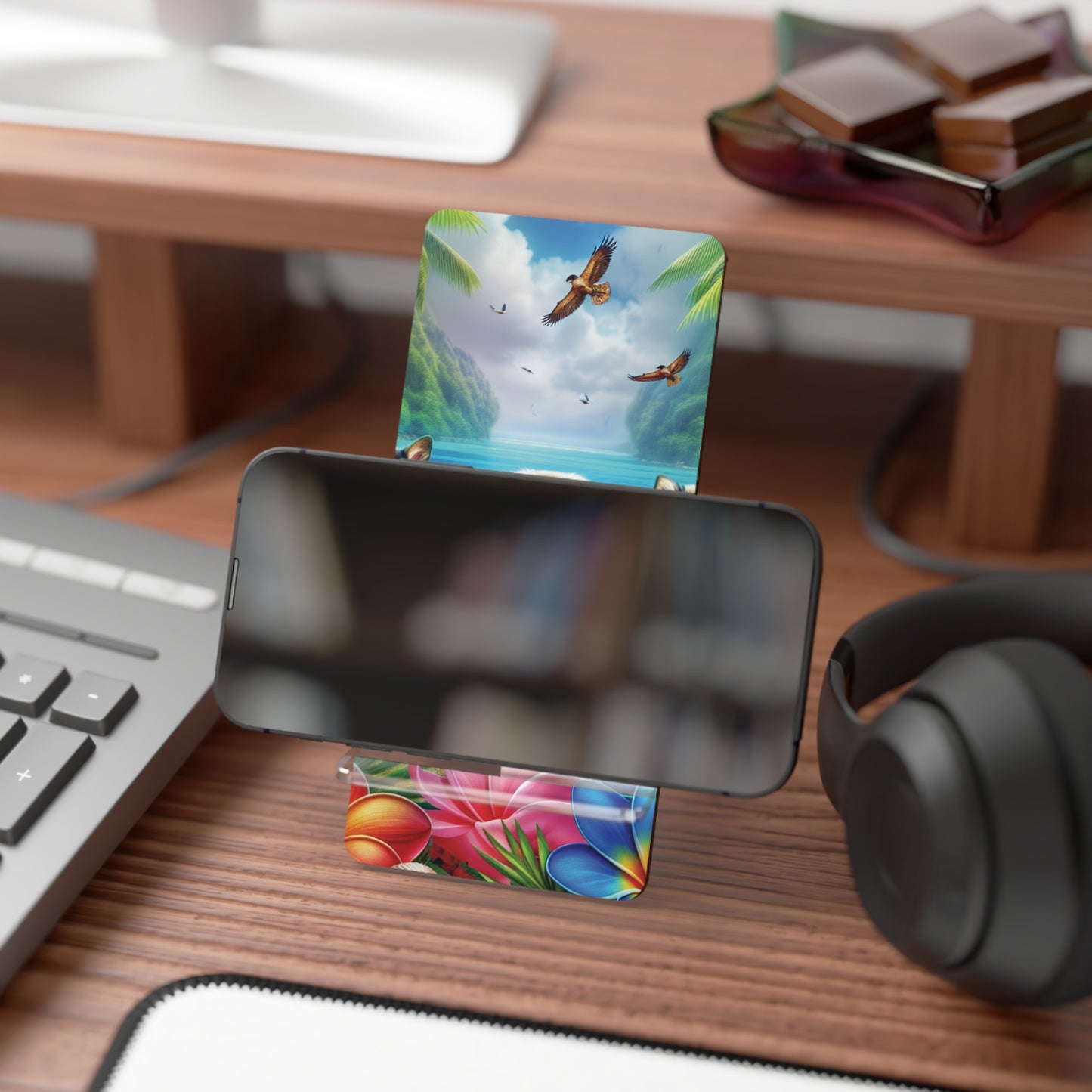 Mobile Display Stand for Smartphones, Puppies Playing Frisbee