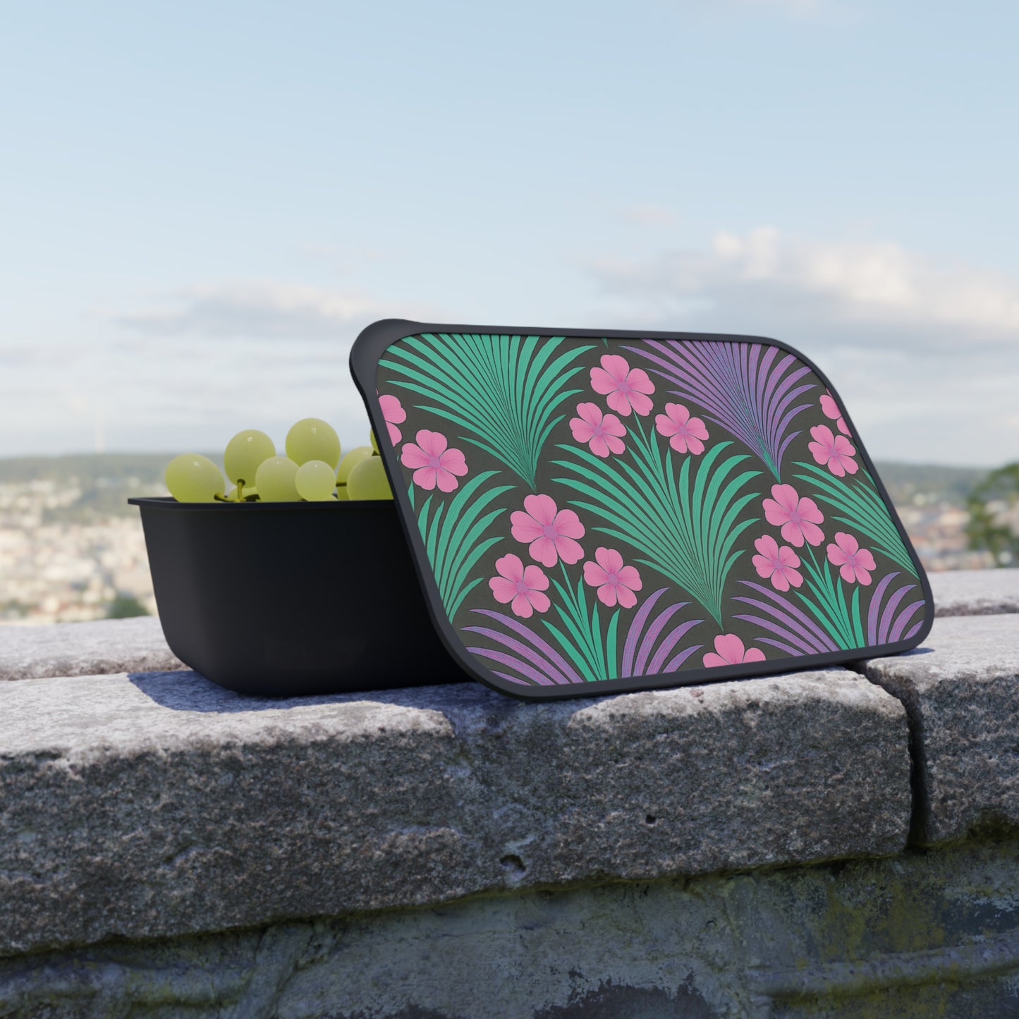 Bento Box with Utensils - Midnight Hibiscus Deco/Pink