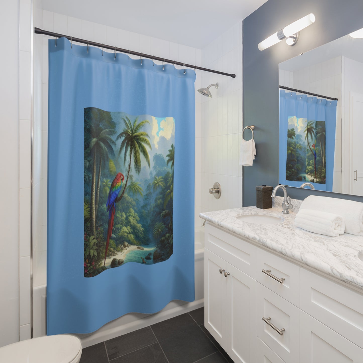Tropical Shower Curtain - Rainforest Bathroom Decor / Sleeping Beauty Parrot, Lt. Blue