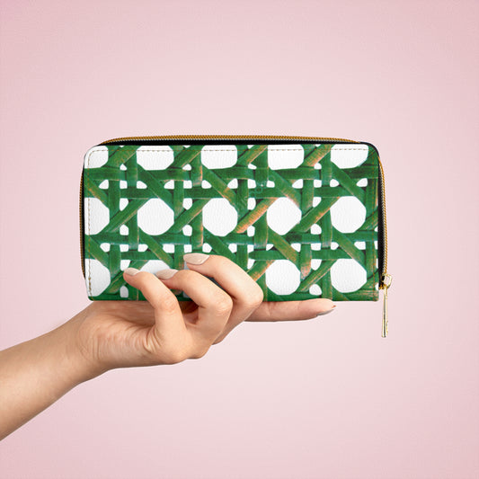 Tropical Zipper Wallet, Faux Leather / Vibrant Clutch / Green Wicker