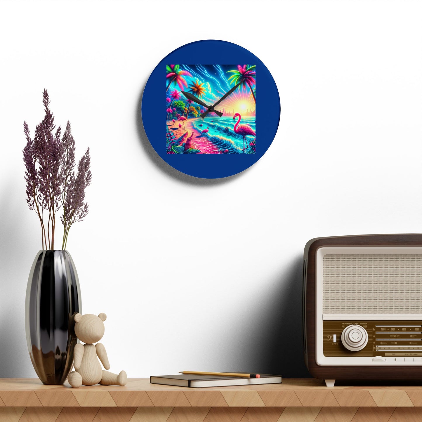 Acrylic Wall Clock / Pop Art Flamingo Beach, Dark Blue