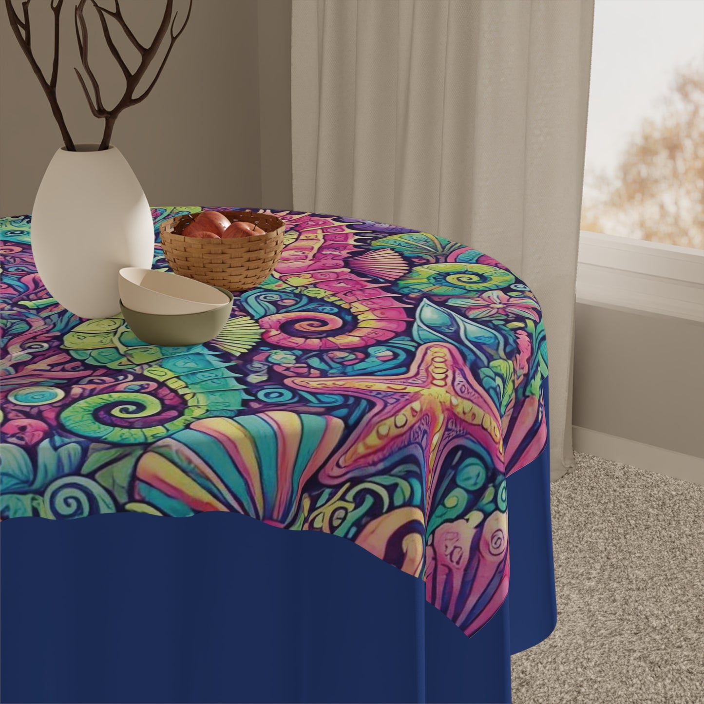 Seahorse Trio/Dark Blue ~ Square Tablecloth, 55" x 55"
