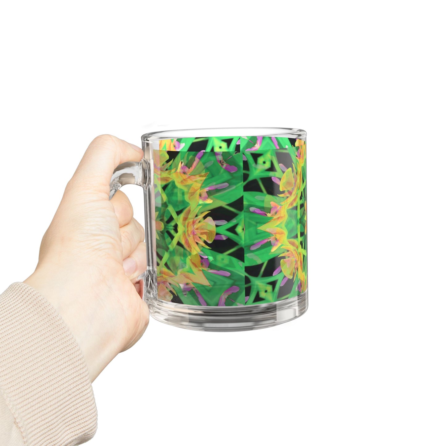 Tropical Glass Mug - 10oz Coffee Cup / Kaleido Orange Orchid