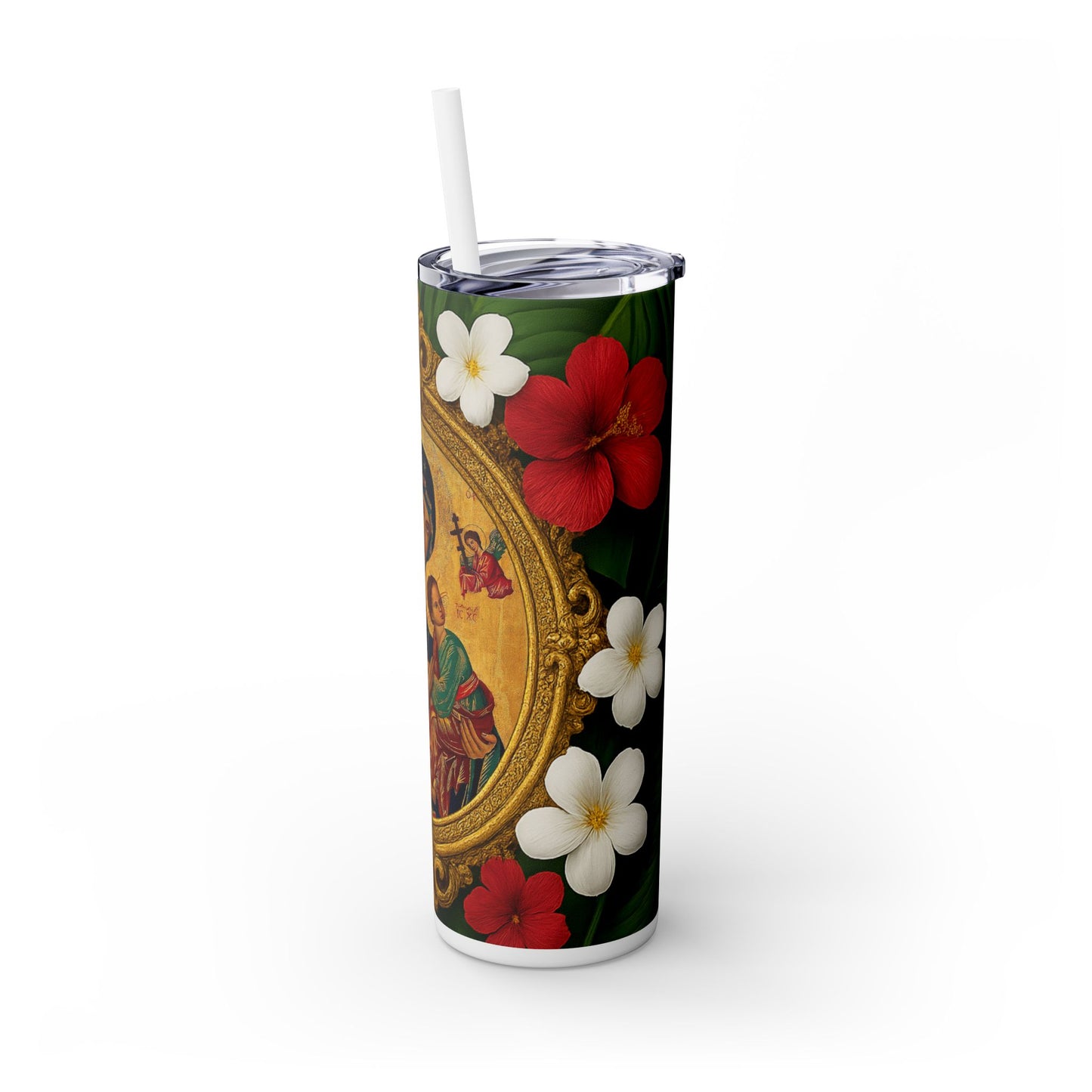Religious Skinny Tumbler with Straw - 20oz Tropical Vibes / Our Lady of Perpetual Help, Red Floral
