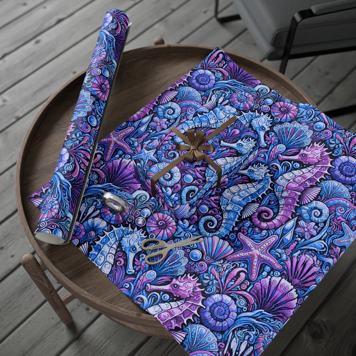 Wrapping Paper - Tropical Gift Wrap for All Occasions, 3 Sizes/2 Finishes / Seahorses Blue