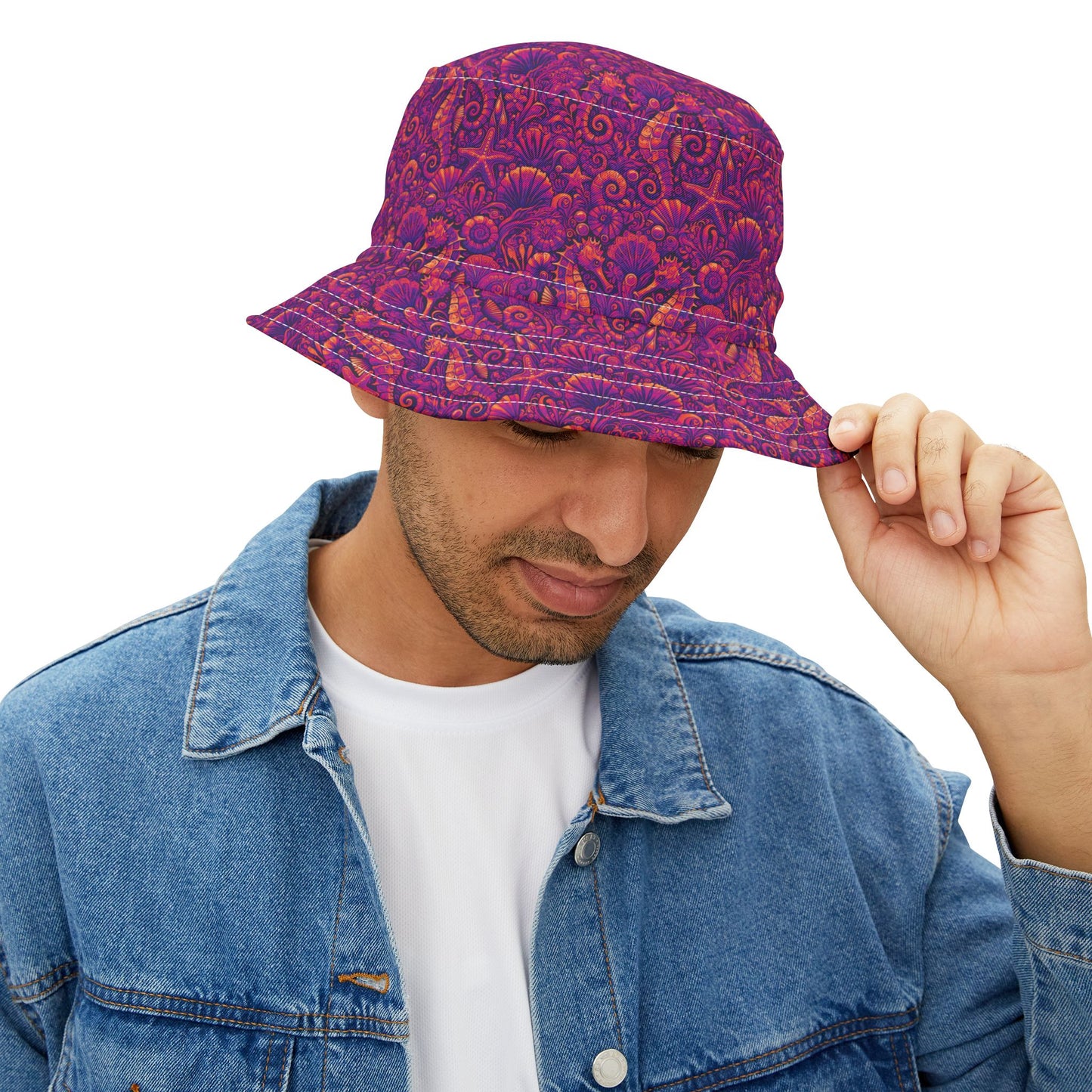 Tropical Polyester Bucket Hat, 2 Sizes - Seahorses Hot Pink