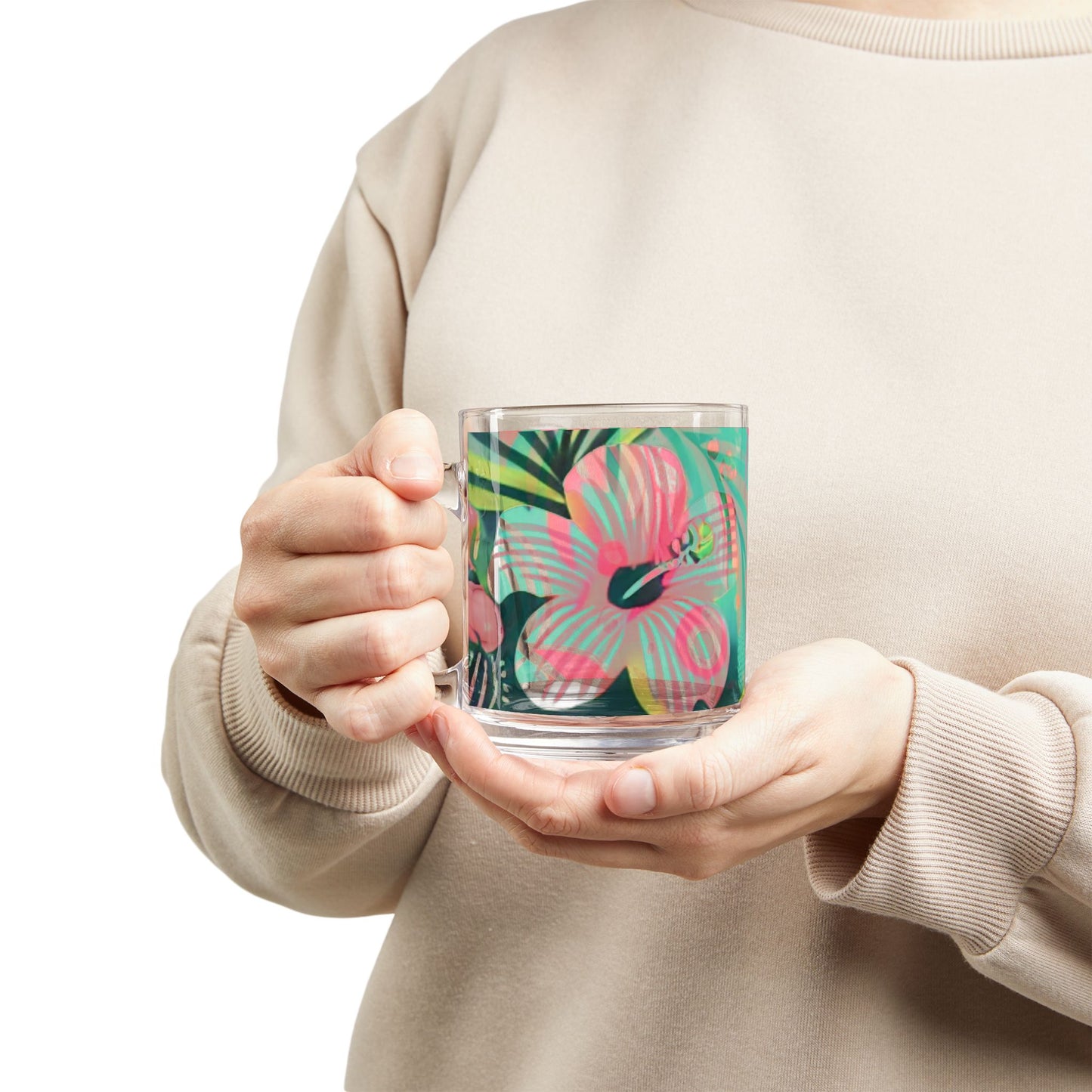 Tropical Glass Mug - 10oz Coffee Cup / Pink Hibiscus