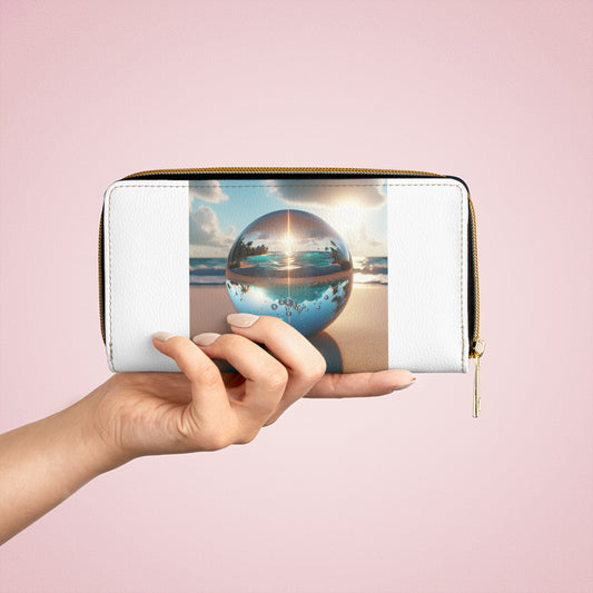 Tropical Zipper Wallet, Faux Leather / Vibrant Clutch / Beach Illusion Ball, White