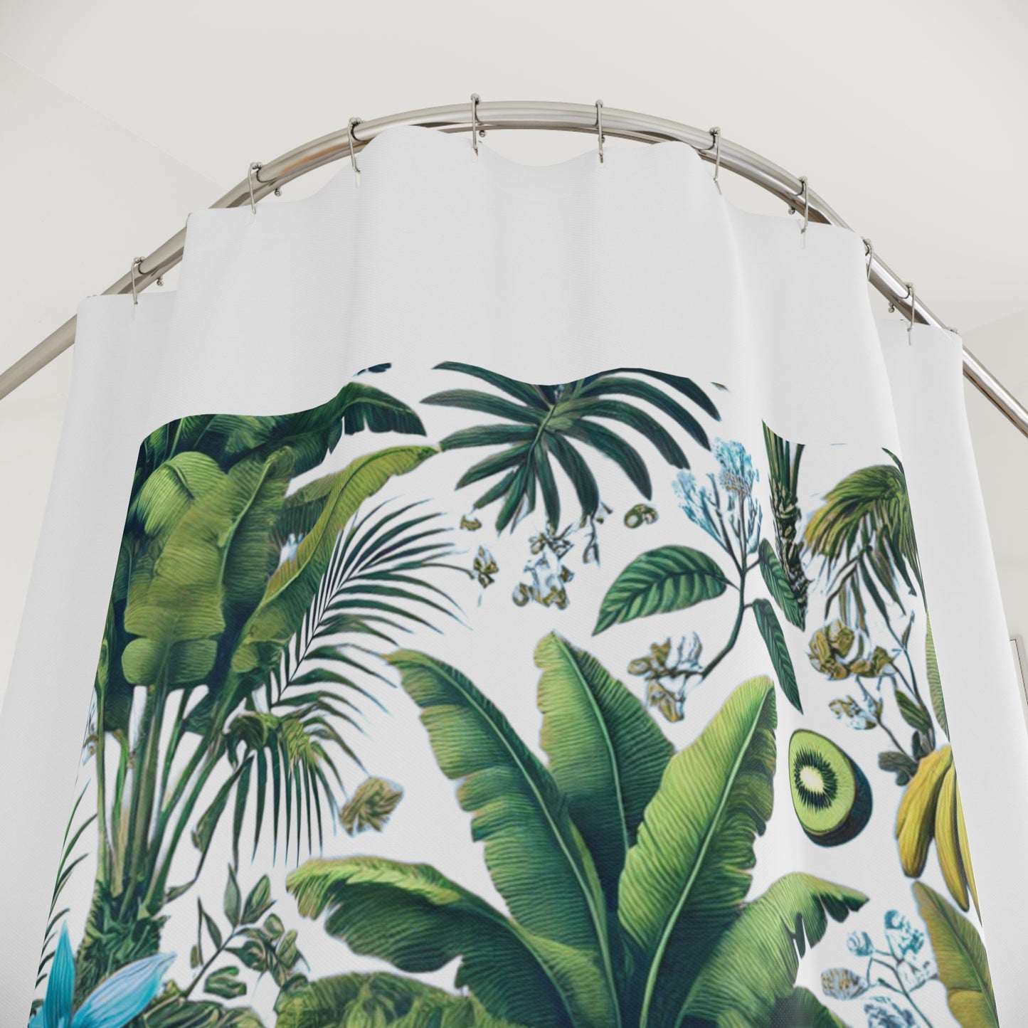 Palm Tree Shower Curtain - Ocean Bathroom Decor / Tropical Fruit/White, White