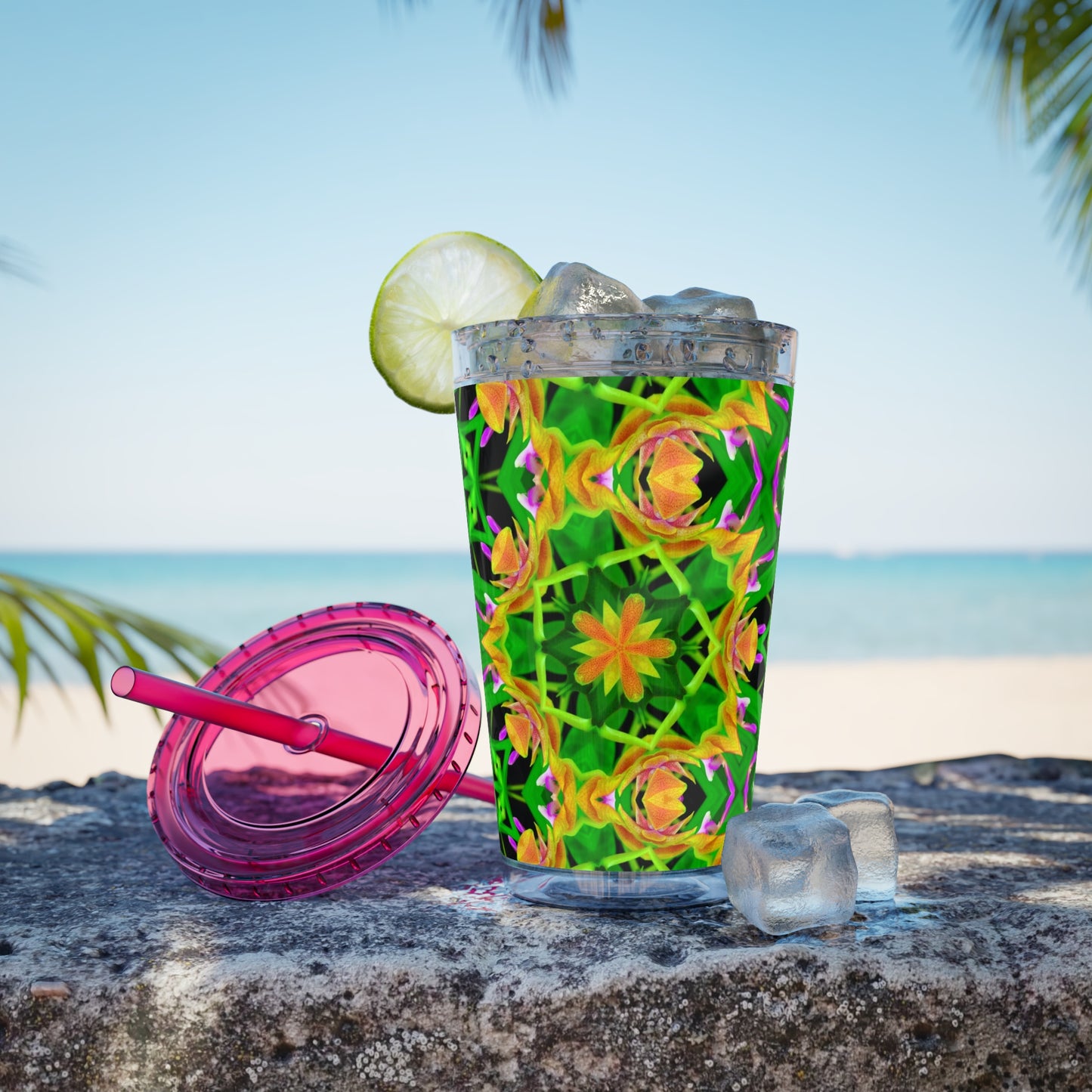 Tropical Tumbler with Straw | 16oz Colorful Travel Cup / Kaleido Orchid