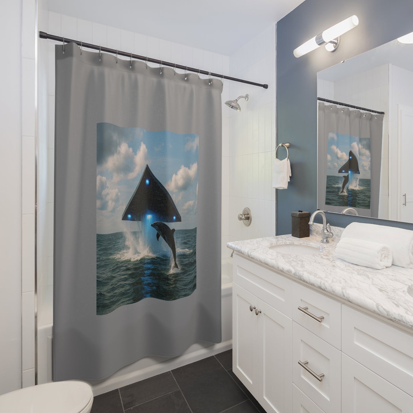 Tropical Shower Curtain - UFO and Dolphin, Grey / Ocean Decor