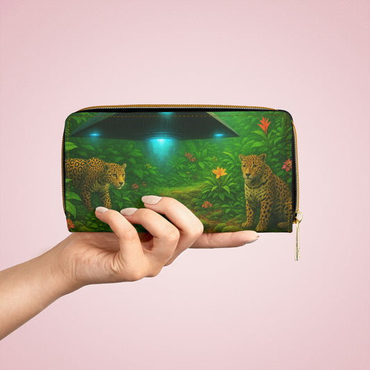 Tropical Zipper Wallet, Faux Leather / Vibrant Clutch / Rainforest UFO and Jaguars