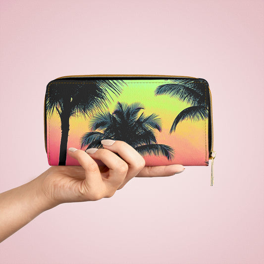 Tropical Zipper Wallet, Faux Leather / Vibrant Clutch / Palm Glow, Sangria
