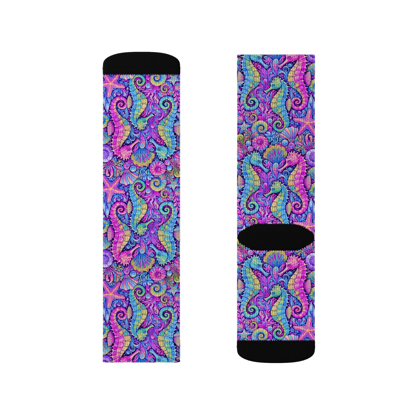 Seahorses/Fantasy Pop Sublimation Fleece-Lined Socks - Colorful Tropical Design