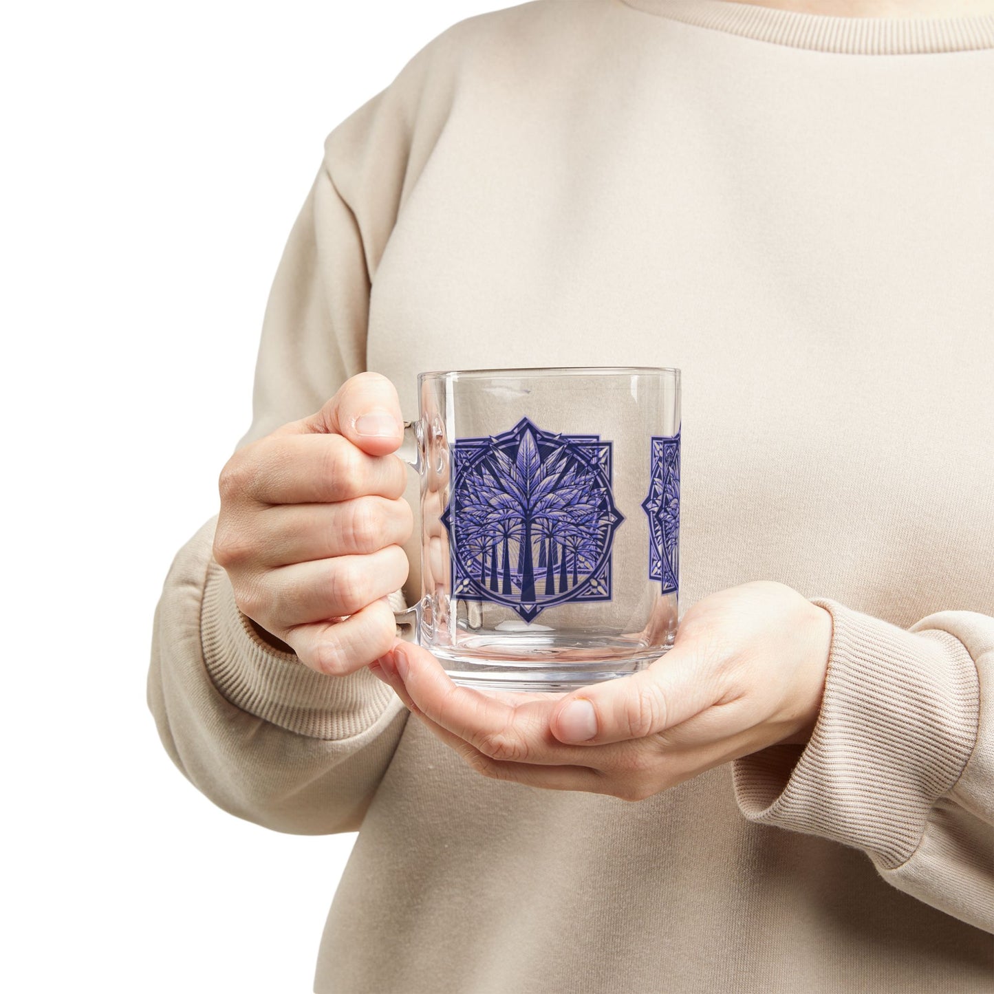 Tropical Glass Mug - 10oz Coffee Cup / Deco Palm, Purple