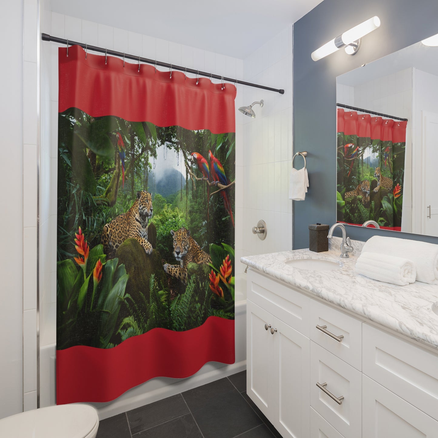 Tropical Shower Curtain - Rainforest Bathroom Decor / Jaguars and Parrots/Dark Red