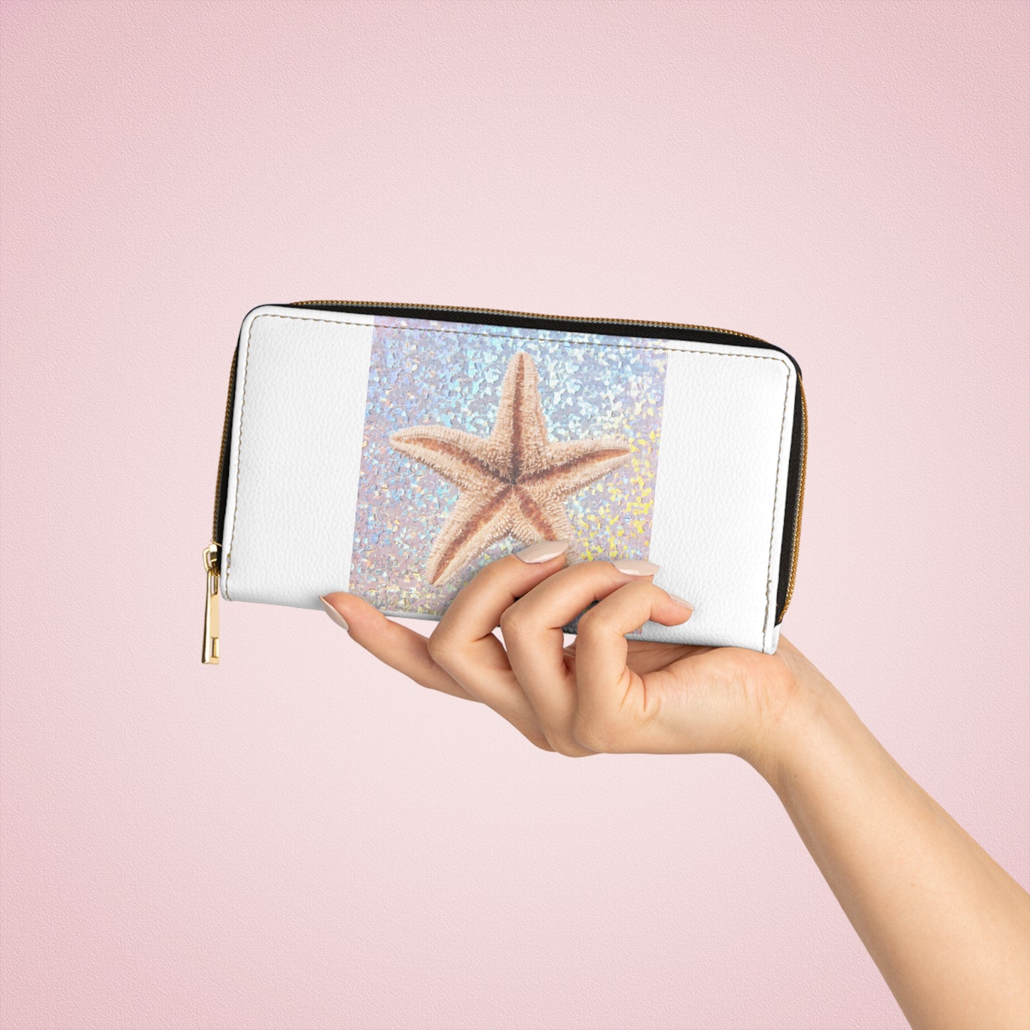 Tropical Zipper Wallet, Faux Leather / Vibrant Clutch / Disco Real Starfish
