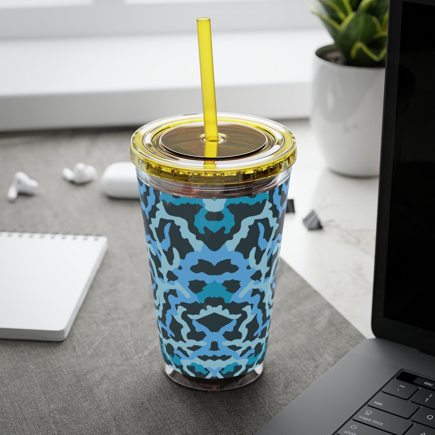 Tropical Tumbler with Straw | 16oz Colorful Travel Cup / Coral Threads, Blue