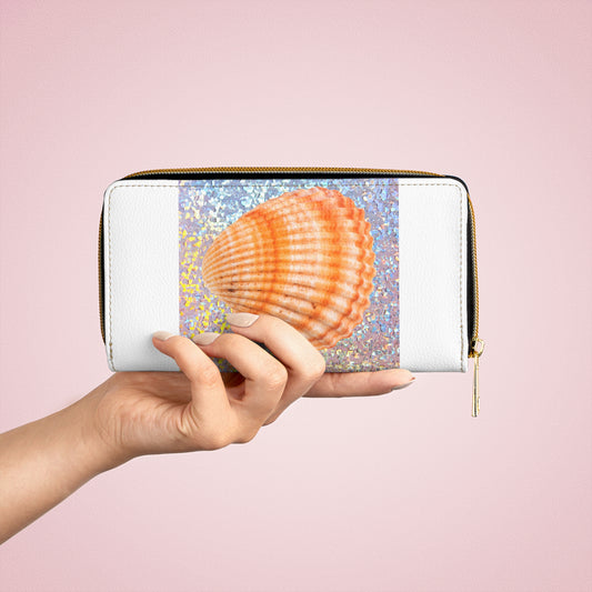 Tropical Zipper Wallet, Faux Leather / Vibrant Clutch / Disco Orange Scallop, White