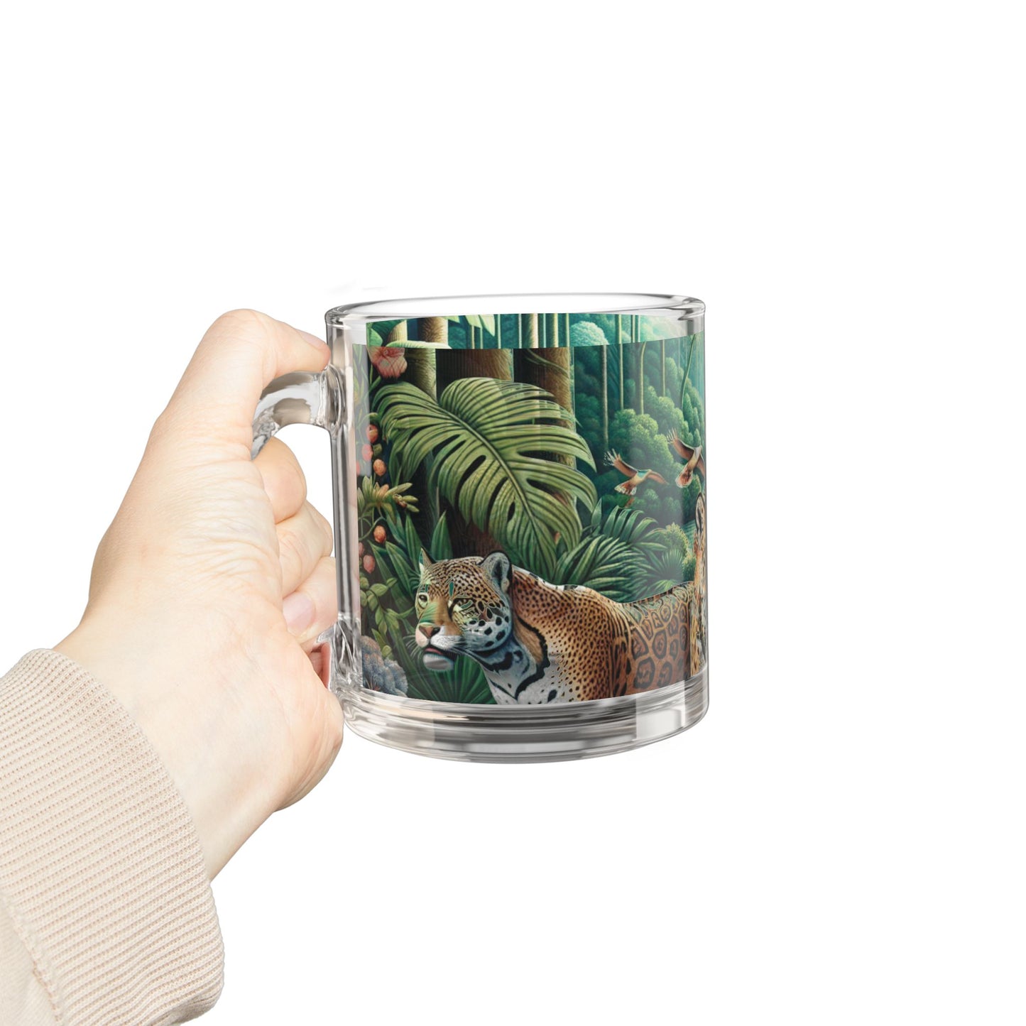 Tropical Glass Mug - 10oz Coffee Cup / Rainforest Big Cats