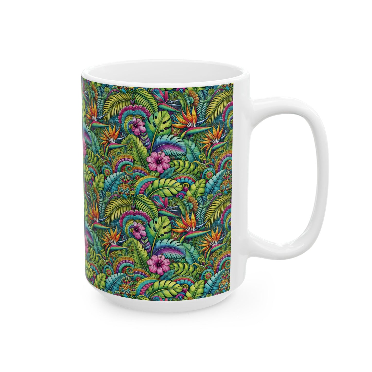 Ceramic White Mug - 11oz & 15oz, Rainforest Blooms