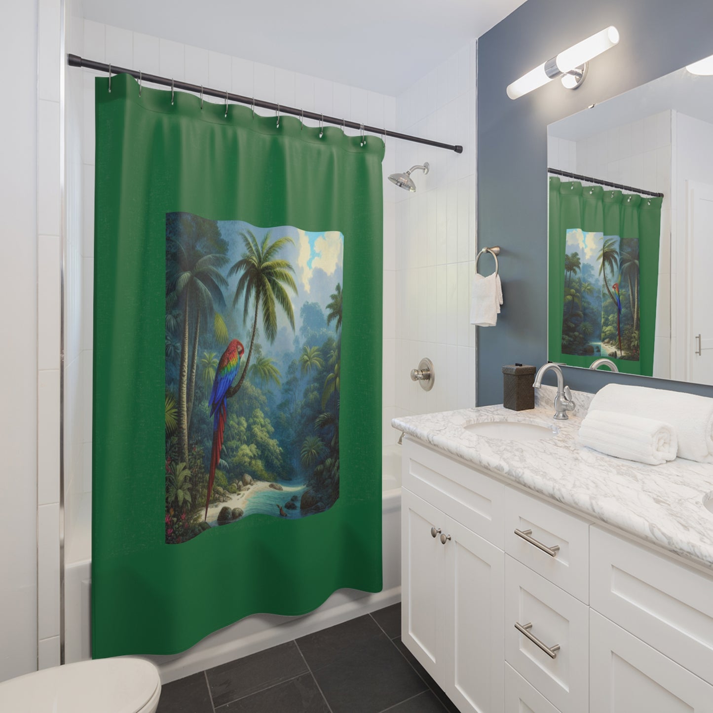 Tropical Shower Curtain - Rainforest Bathroom Decor / Sleeping Beauty Parrot, Dark Green