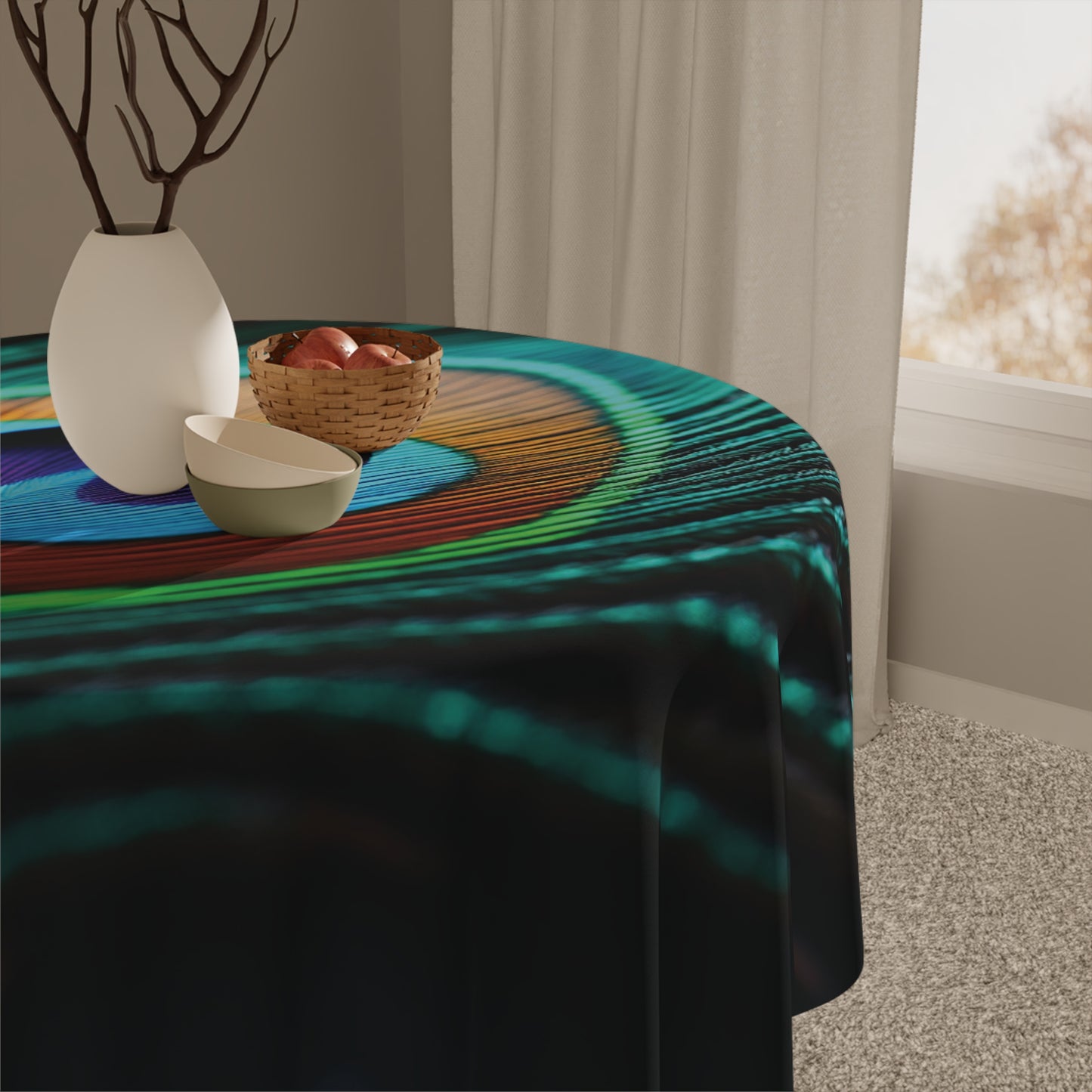 Green Peacock Feather Eye Tablecloth, 55" x 55"