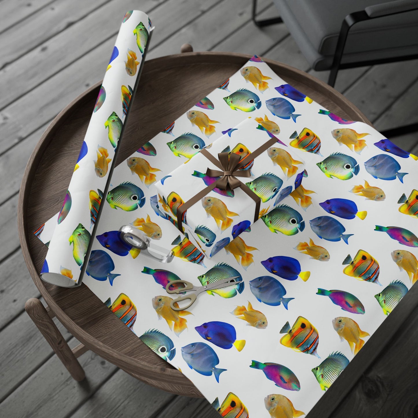 Wrapping Paper - Tropical Gift Wrap for All Occasions, 3 Sizes/2 Finishes / School of Fish, White