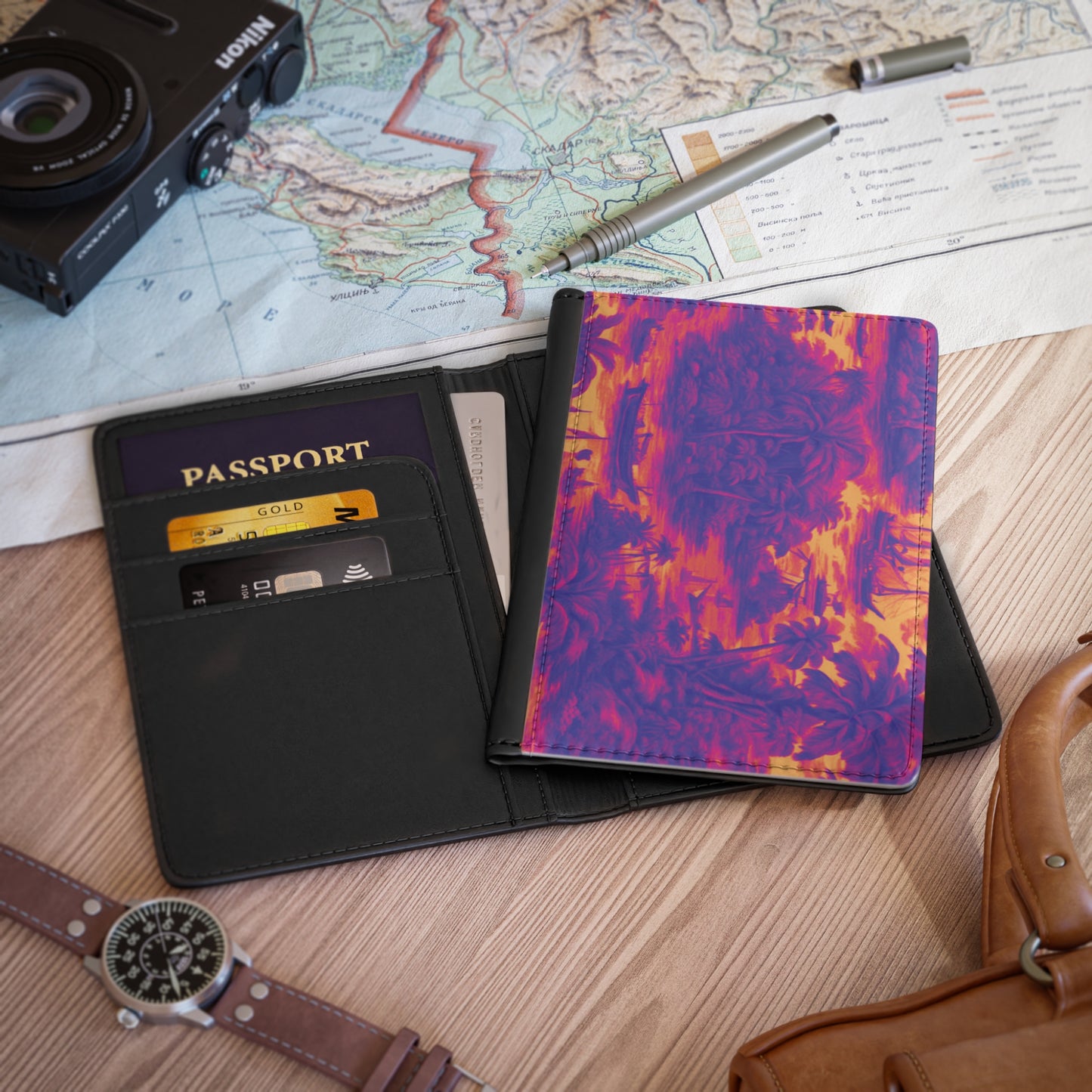 Tropical Passport Cover, Faux Leather - RFID blocking for travel security / Crazy Cool Tropical Toile