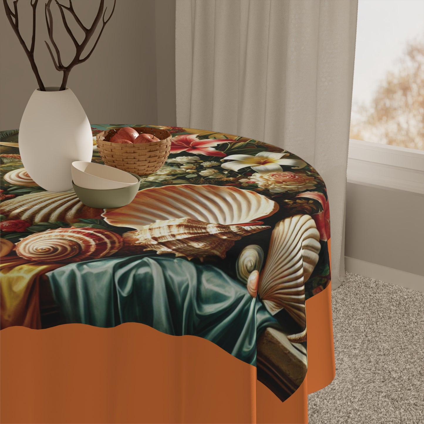 Shells and Flowers/Crusta Orange ~ Square Tablecloth, 55" x 55"