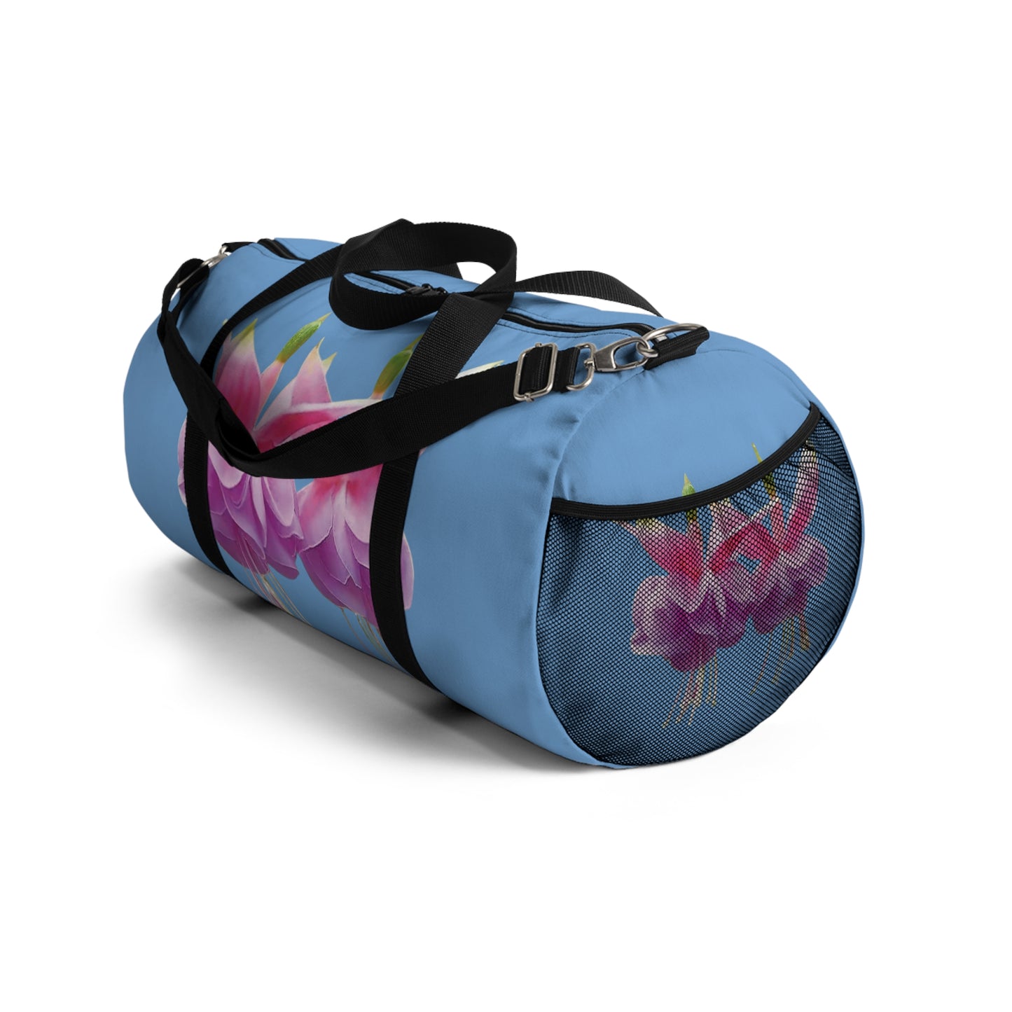 Tropical Flower Duffel Bag - Perfect for Travel and Gym / Two Pink Fuchsias, Lt. Blue